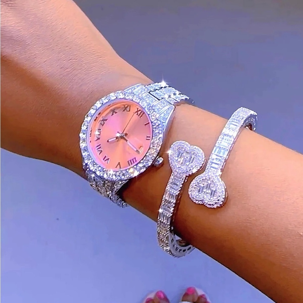 2 piece set 
Silver and Pink Women's Watch and heart bracelet